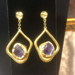 Raw Amethysts and Gold Metal Dangle Earrings